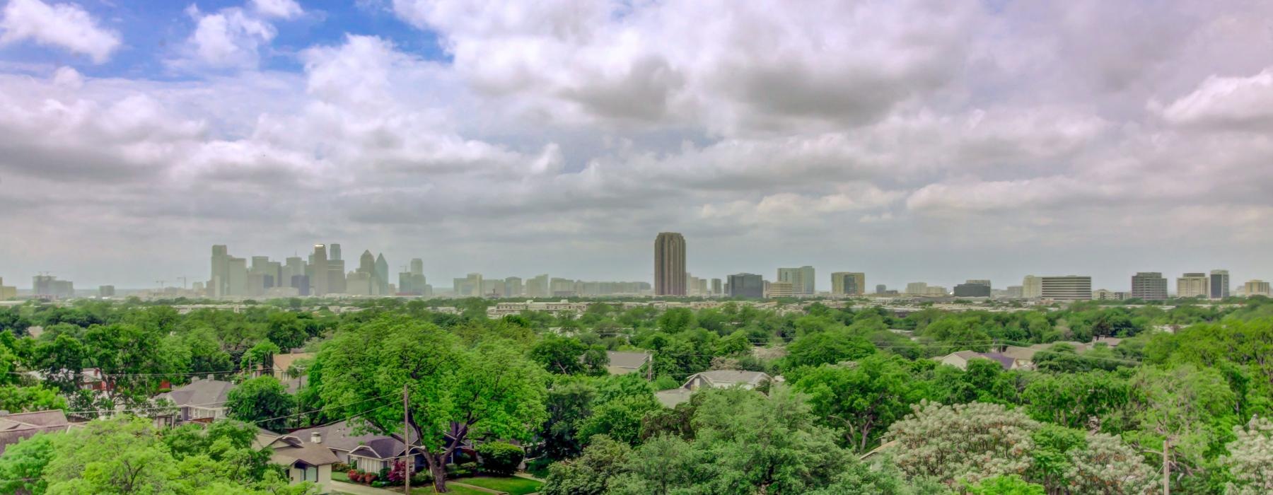 a city skyline with trees and buildings
